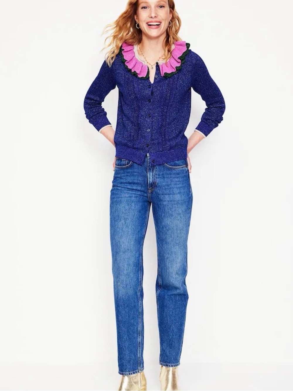 Boden / Ruffled Collar Blue Cardigan with Pink Accent - Picture 9 of 9